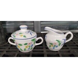 Herend Village Pottery Creamer & Covered Sugar Blue Bows Floral Hungary